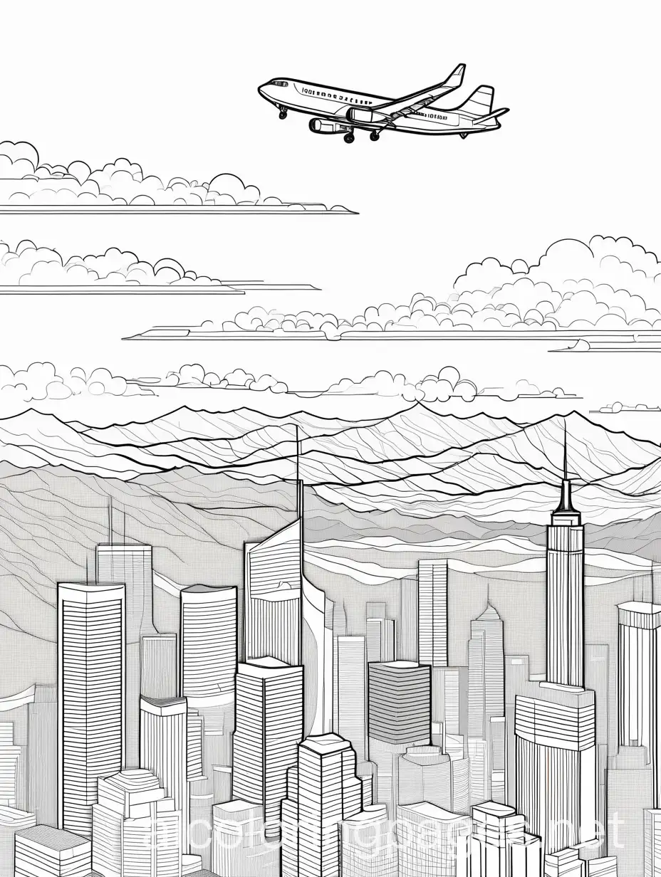 plane flying over the country, Coloring Page, black and white, line art, white background, Simplicity, Ample White Space