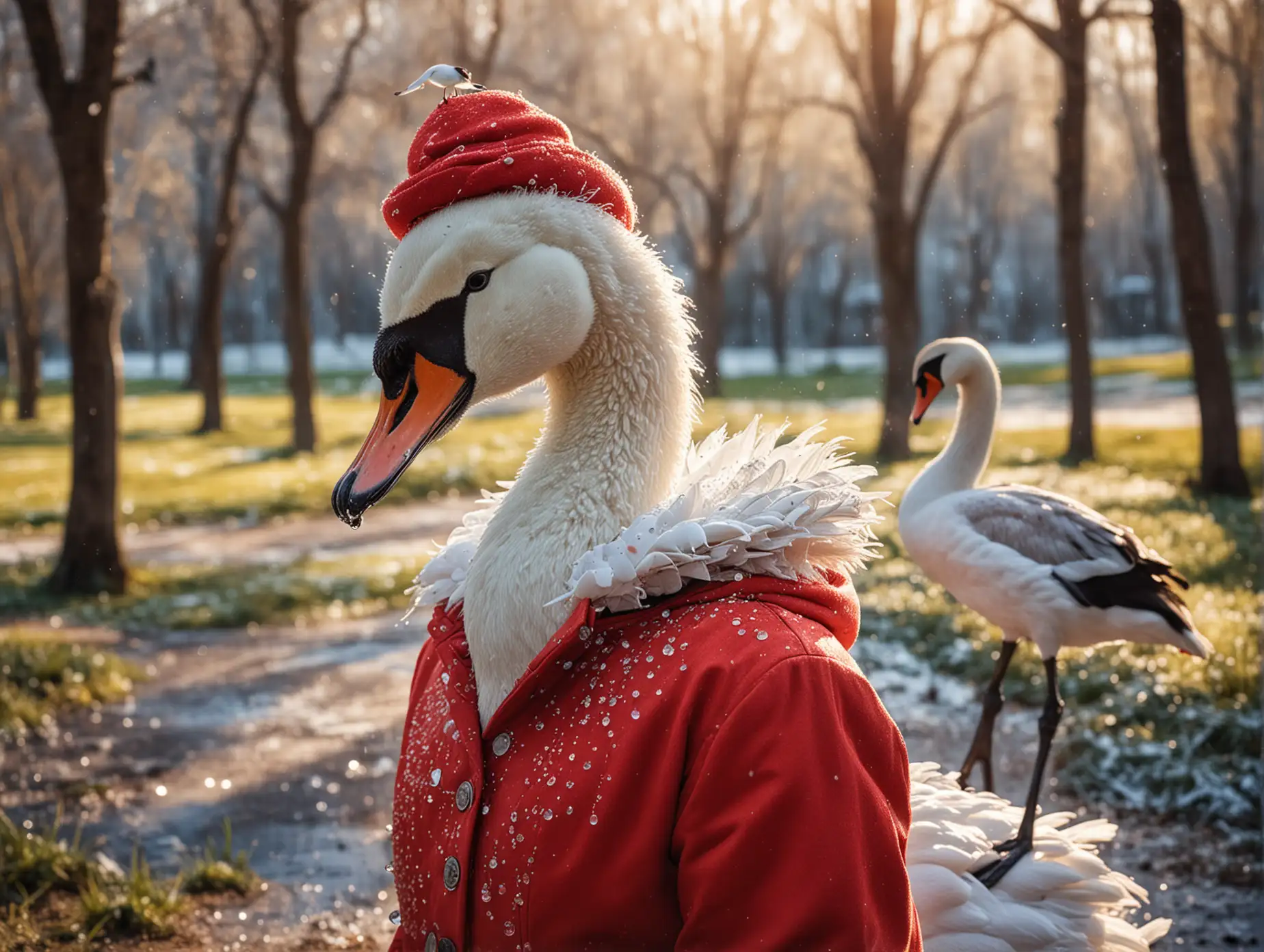 Anthropomorphic-Swan-in-Red-Coat-with-Hat-in-Park-During-Early-Spring