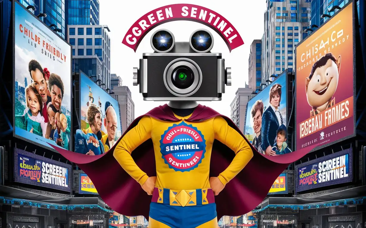 Create an image for a twitter header that fits the theme 'screen sentinel', which is about reviewing movies that are appropriate for children