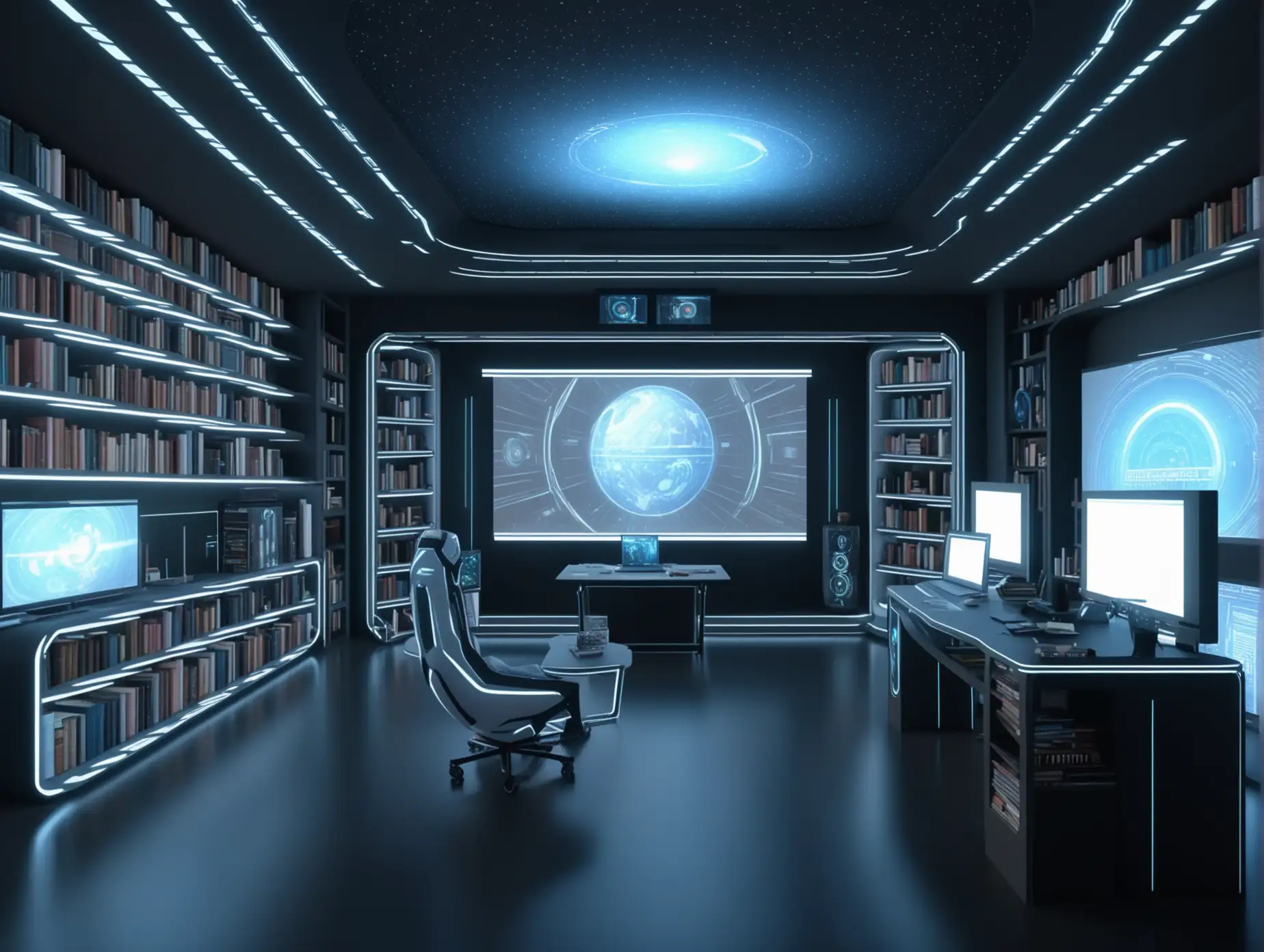 a futuristic studio, with a work desk, computer, and 3D projection screen. There is also a bookshelf with many books. Masterpieces, highly detailed.