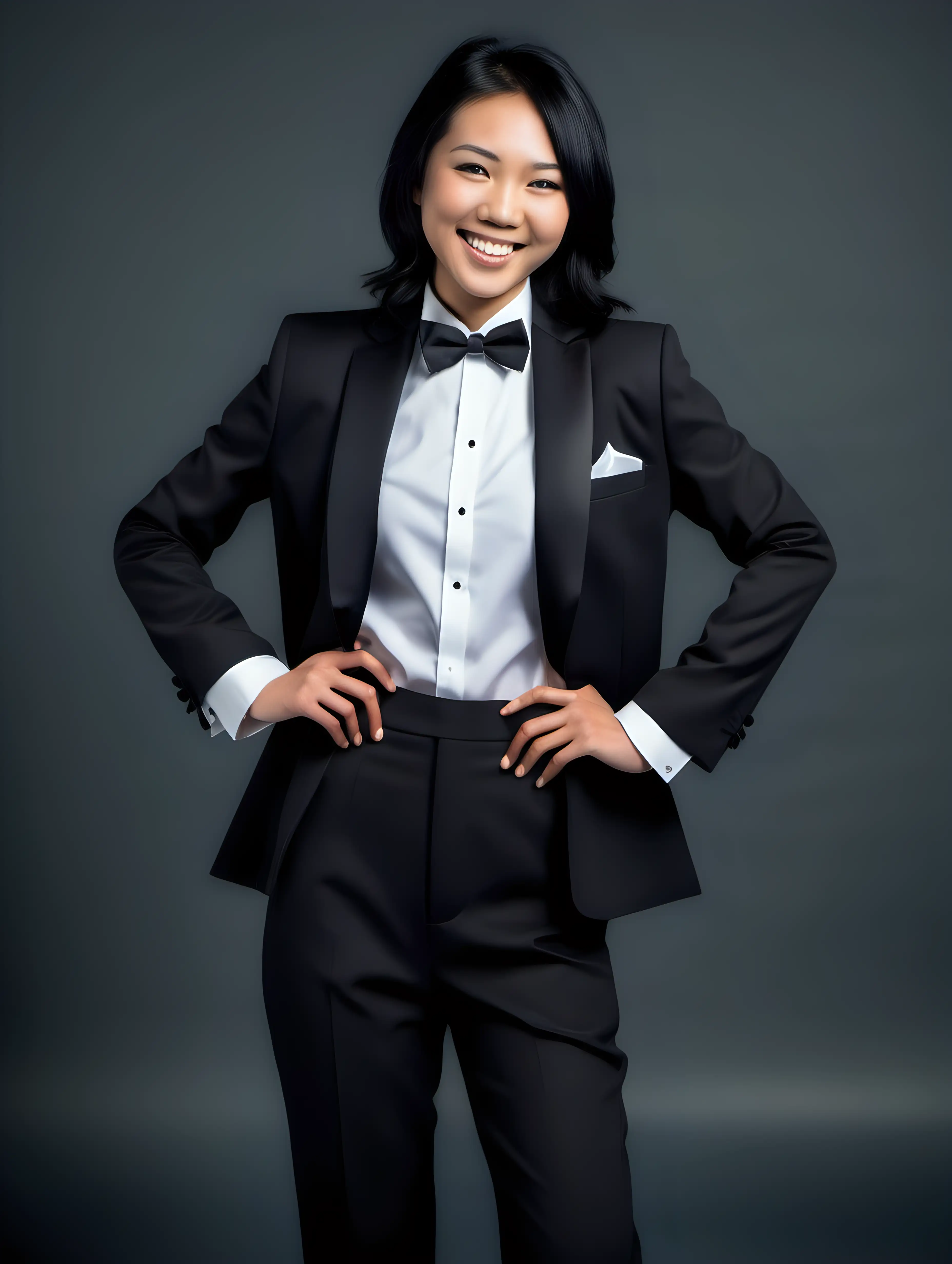 Smiling-Asian-Woman-in-Black-Tuxedo-with-Bow-Tie-and-Corsage