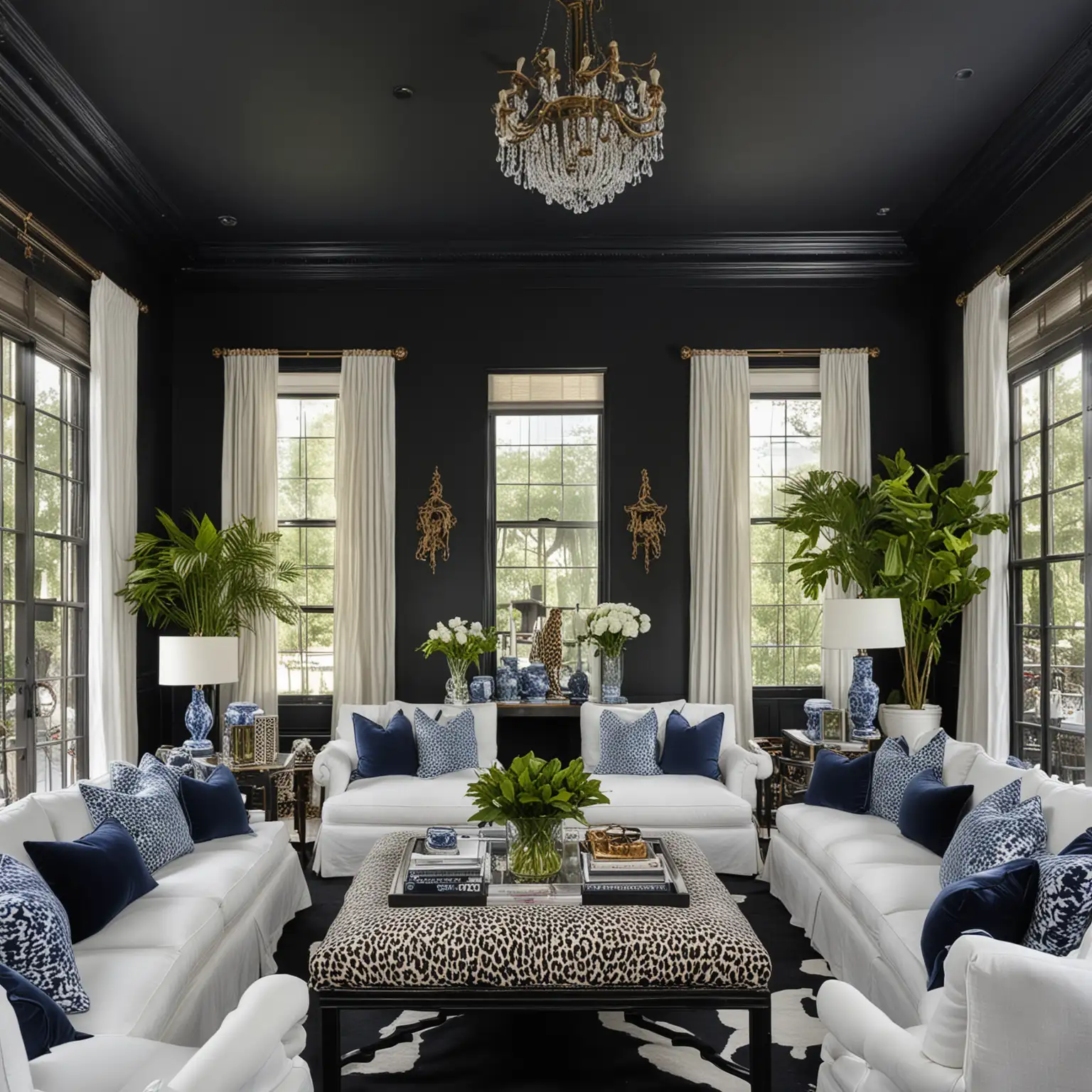 Sophisticated Black Walls Living Room with Blue and White Chinoiserie