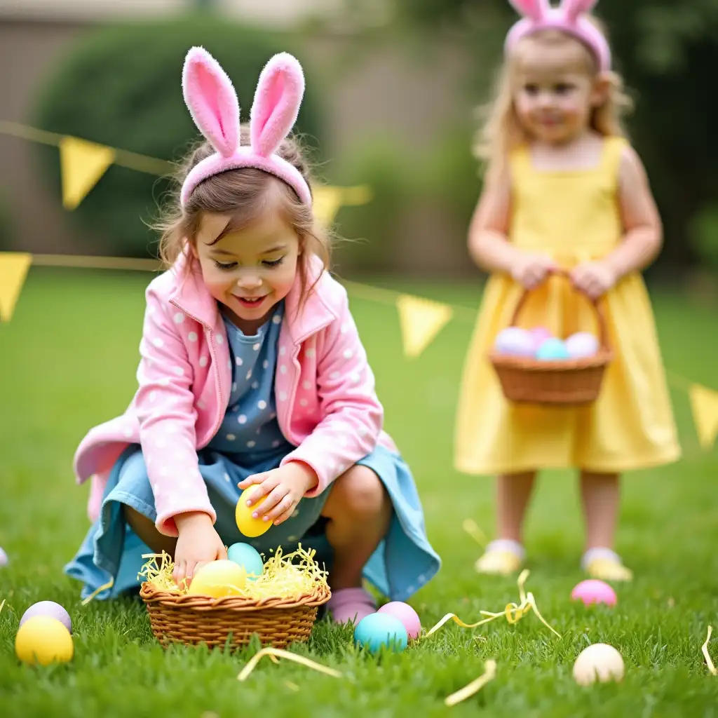 Two young girls are enjoying an outdoor Easter egg - hunting activity on a lush green lawn. The girl in the foreground, wearing a pink jacket with white polka dots and a blue dress underneath, sports pink bunny ear headbands. She is kneeling down, her hand reaching out to pick up a yellow Easter egg, and There is a bed of yellow shredded paper grass in the basket.It's filled with colorful Easter eggs inside..It's filled with colorful Easter eggs inside.. In the background, another girl dressed in a yellow dress also has pink bunny ear headbands on, and she is standing while holding a wicker basket that contains some Easter eggs. Scattered around them on the grass are various other Easter eggs in different colors, along with some yellow decorative flags, acreating a cheerful and festive atmosphere.