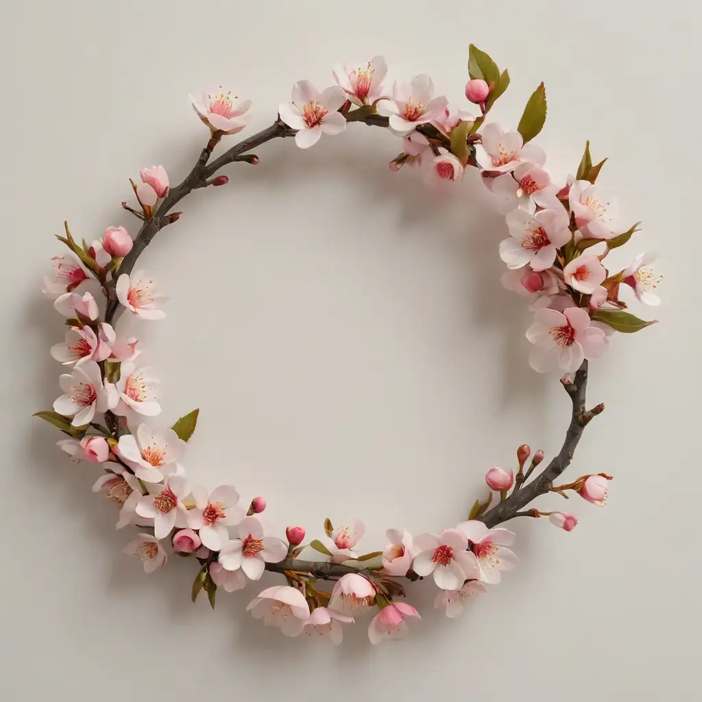 The image depicts a single cut of small branch, with sparse cherry blossoms growing in an organic half circle shape.  to be used as the top half of a wreath. The flowers are delicate and have fine details, including visible stamens with bright pink tips. The background is solid white.  The design is very realistic, photo like.