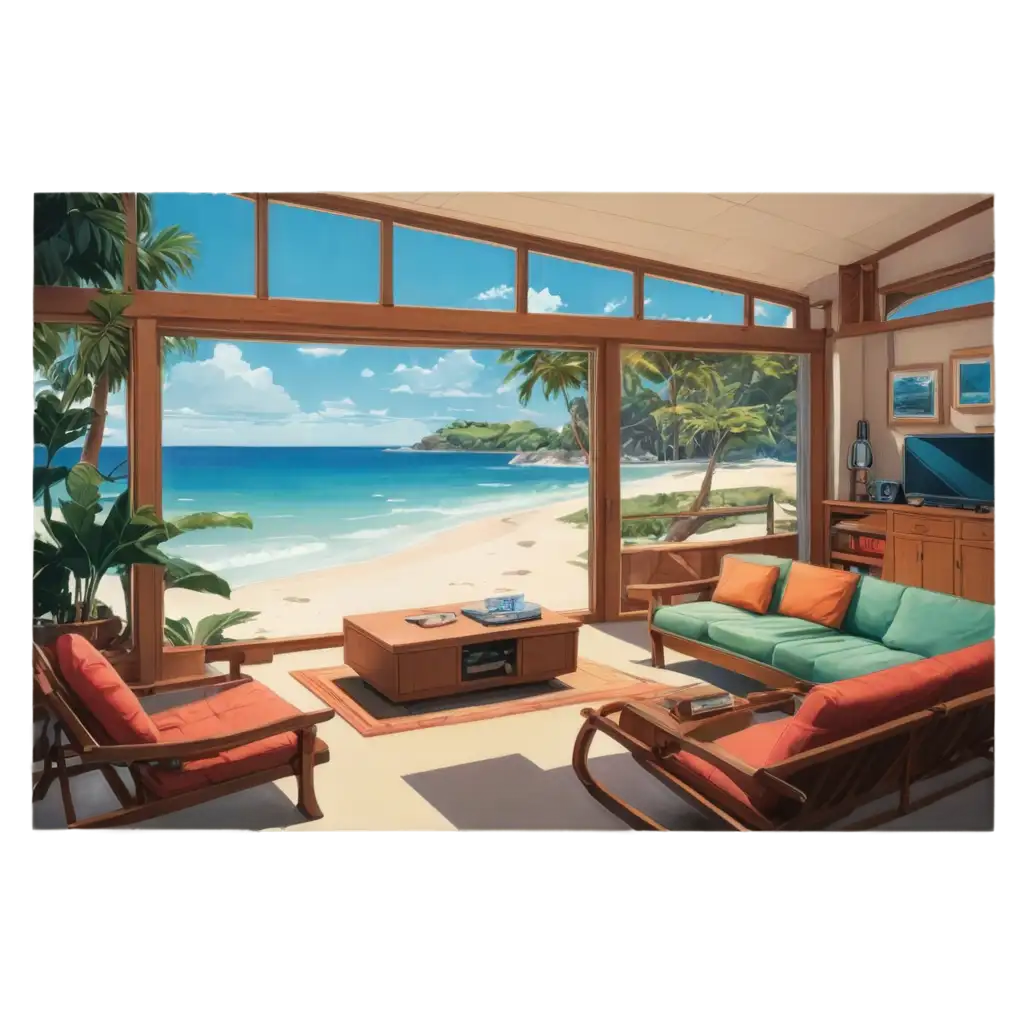 A 1980s retro anime style interior perspective view of a private beach villa.