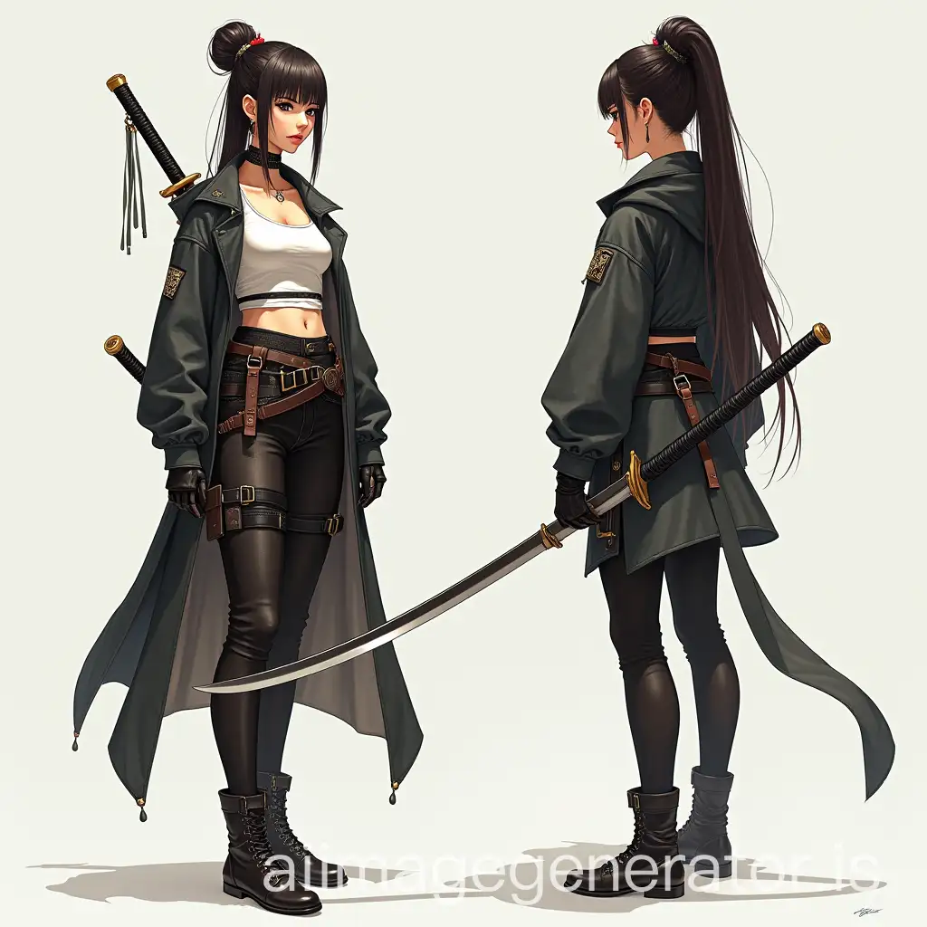 reference from the front and side, female character in open clothing in fantasy cyberpunk, with a katana