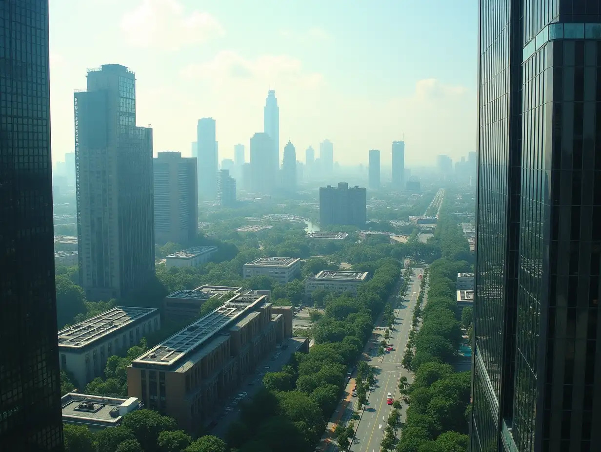 A view from the top of a very tall building, inserted into an urban, but very natural context.Premium Style Picture 8k