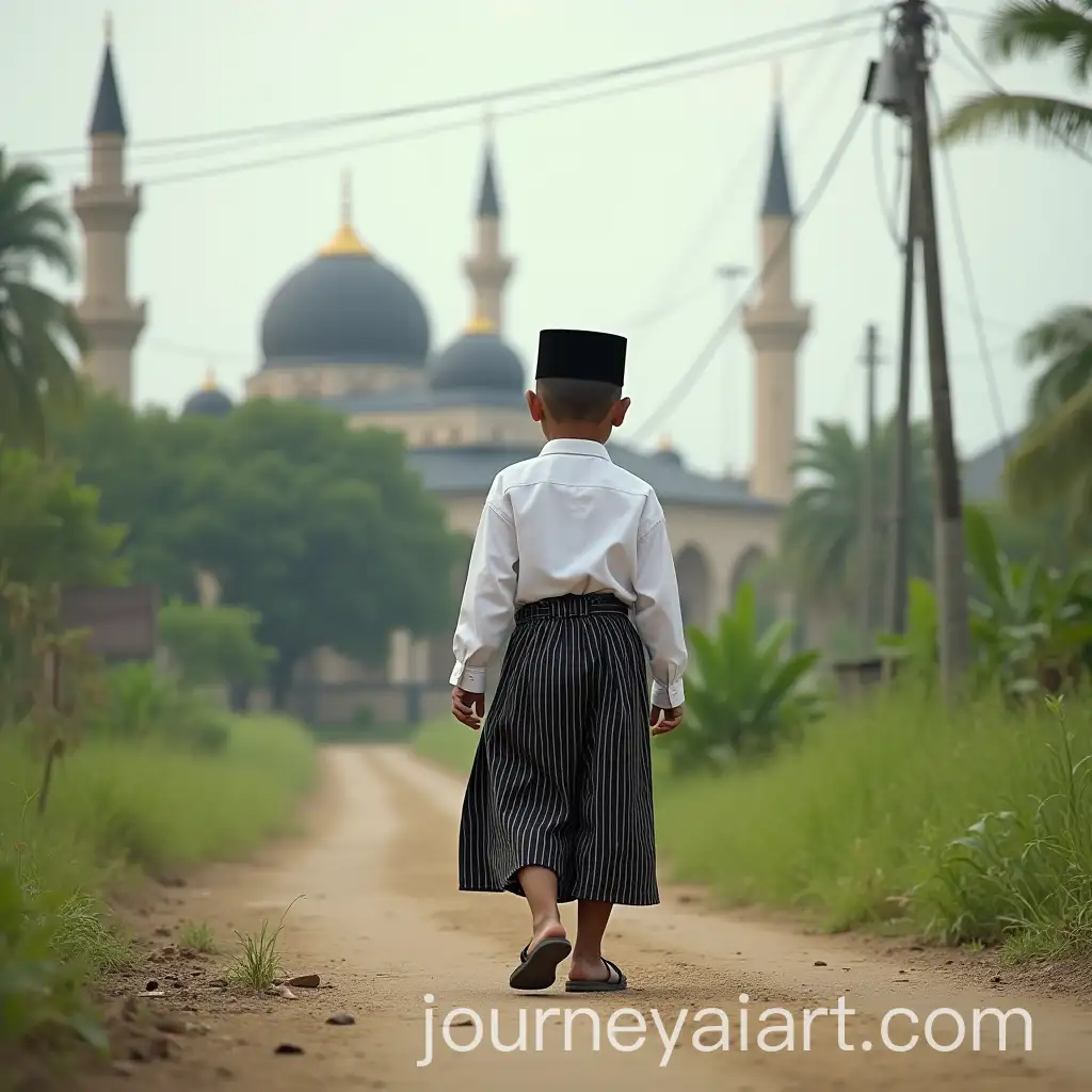 14YearOld-Child-in-Traditional-Outfit-Walking-Near-Mosque-in-Countryside-Morning