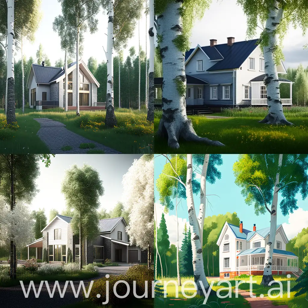 Modern-Country-House-with-Birch-Trees-in-Summer-Daylight