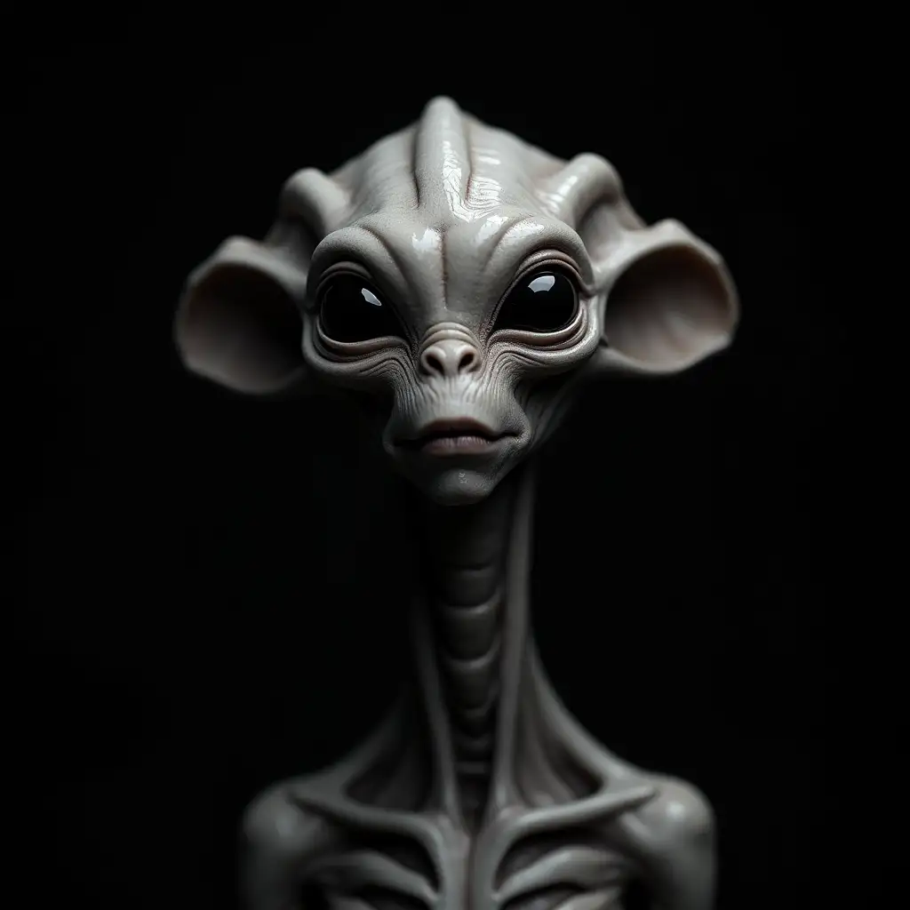 Alien with long black and white striped skin with suction cups portrait 75mm black background hdr