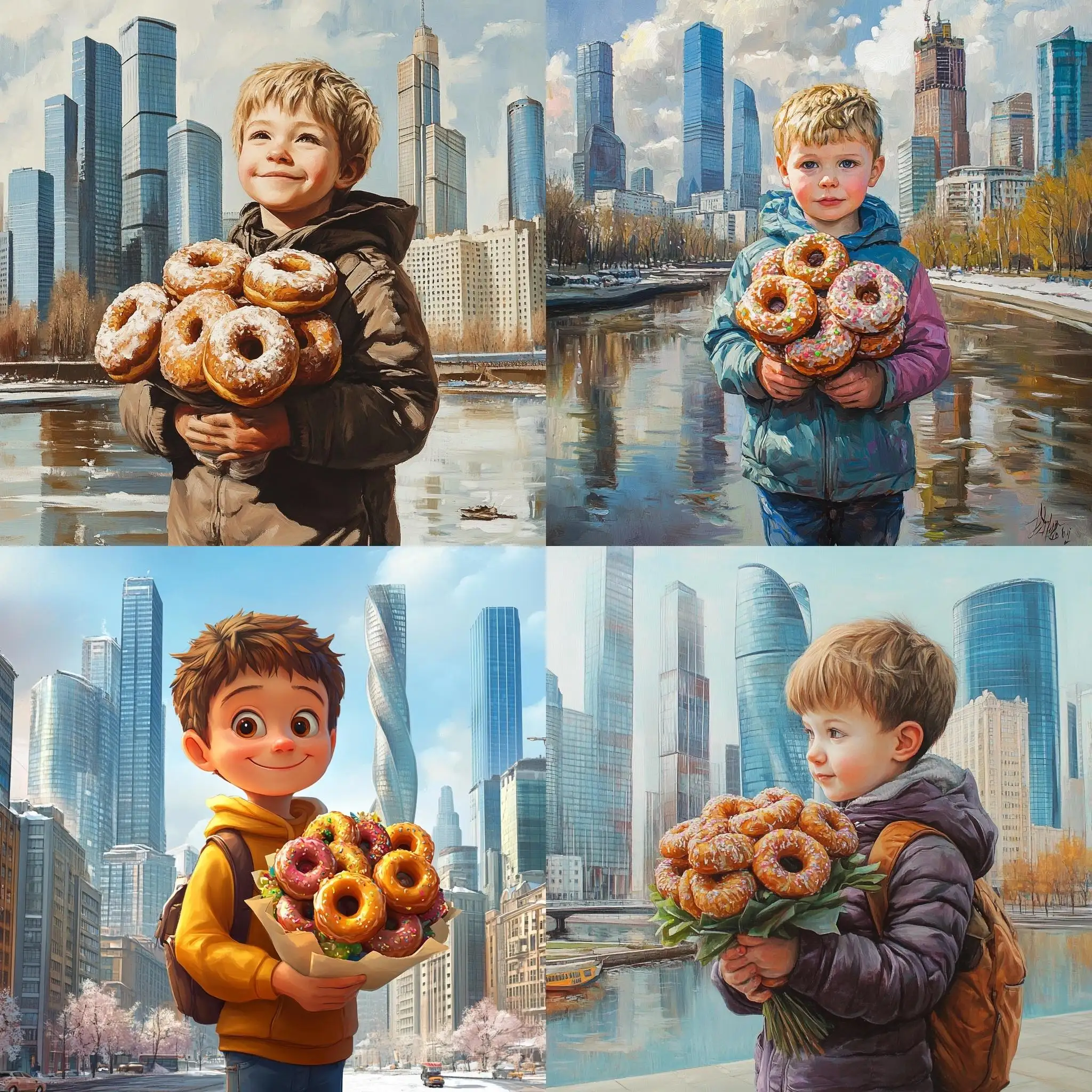 Springtime-Urban-Elegance-Russian-Boy-with-Donut-Bouquet-Amidst-Skyscrapers