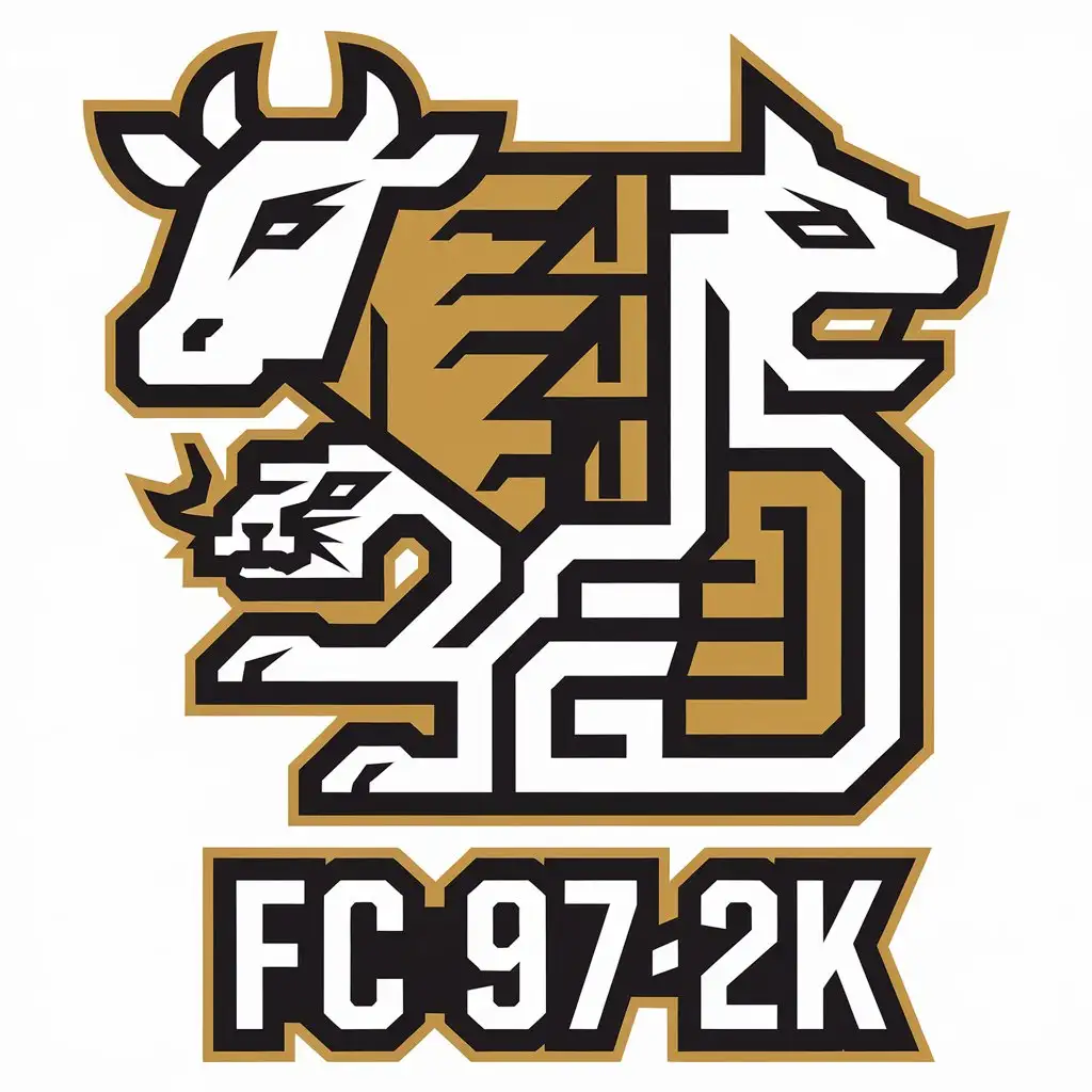 a vector logo design,with the text "FC 97-2K", main symbol:Shapes cone White and Gold Symbols of a cow, tiger, cat and dragon,complex,clear background