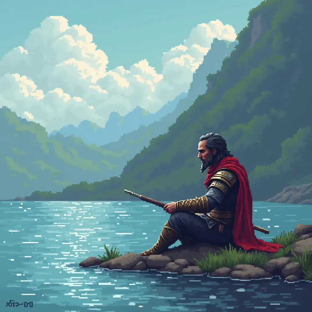 Pixel-Art-Warrior-Sitting-by-Water-in-32Bit-Graphic-Style