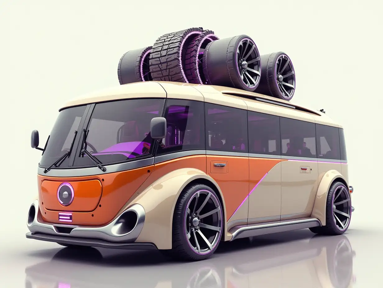 A supermodern utopian sports bus with lowered gears, large aluminum wheels on the roof, wide tires, cream, orange, purple and silver, Cyberpunk