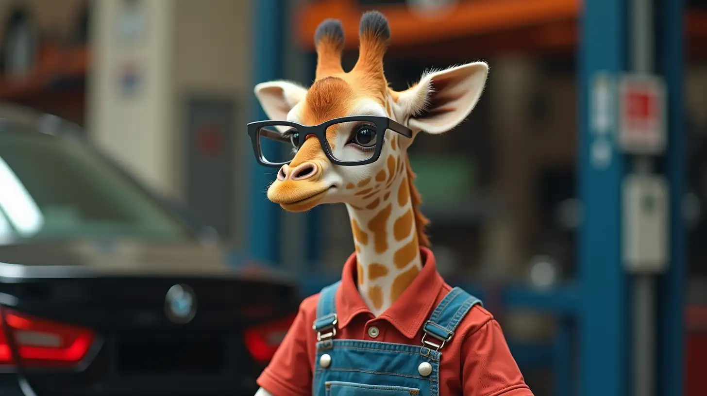 Baby Giraffe Mechanic Wearing Glasses in a Garage