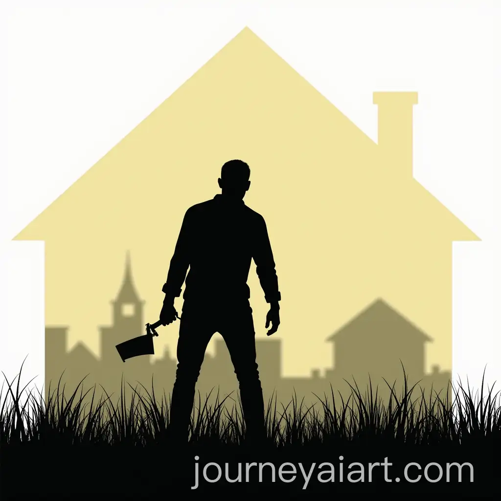 Silhouette-of-Man-Cutting-Grass-with-House-in-Background