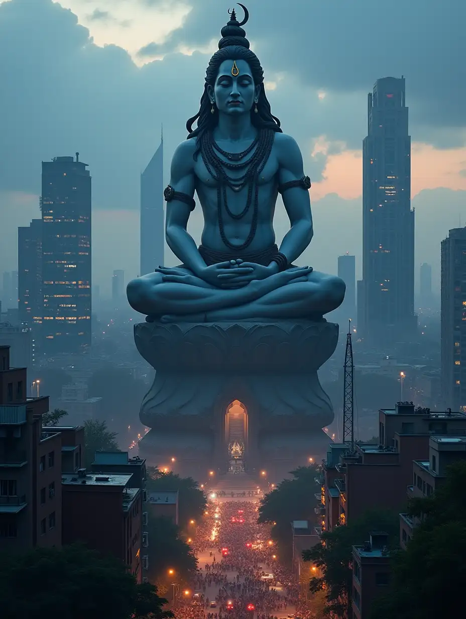 Create an image of a massive and majestic Mahadev (Shiva) statue towering over a bustling cityscape. The idol should be larger than the surrounding buildings, with intricate details like the crescent moon on Shiva's head, the snake around his neck, and a serene, meditative expression. The city should have modern elements, with skyscrapers, streets, and people below, but the focus remains on the divine presence of the colossal statue. The scene should be illuminated at dusk, with dramatic lighting highlighting the power and tranquility of Mahadev amidst the urban surroundings.