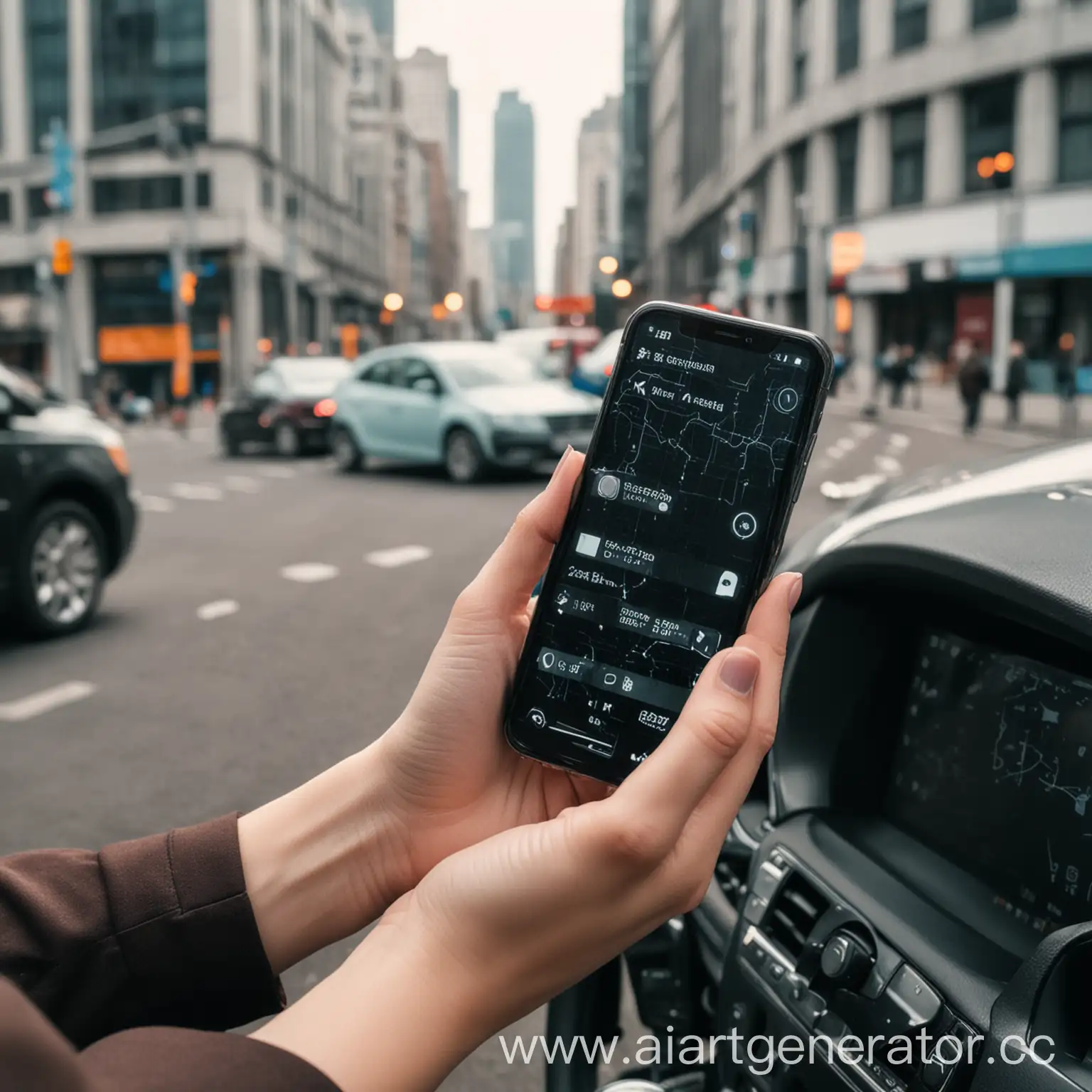 Woman-Holding-Phone-with-Black-Screen-in-Urban-City-Setting