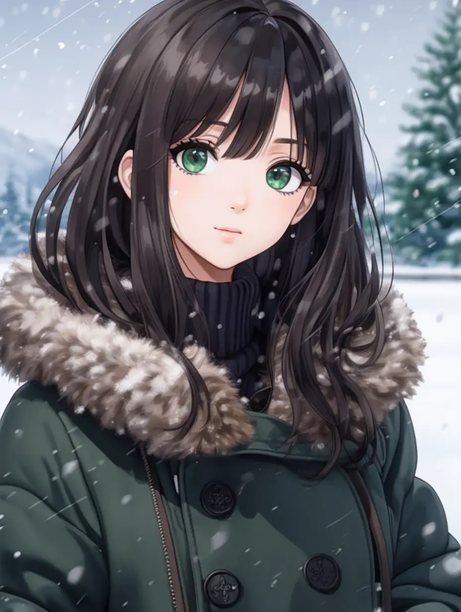 A 25-year-old girl, long bob hairstyle, dark brown natural hair color, dark green eye color, breast size 3.5, wearing a tight black winter coat, beautiful snow falling in the background. In the anime style