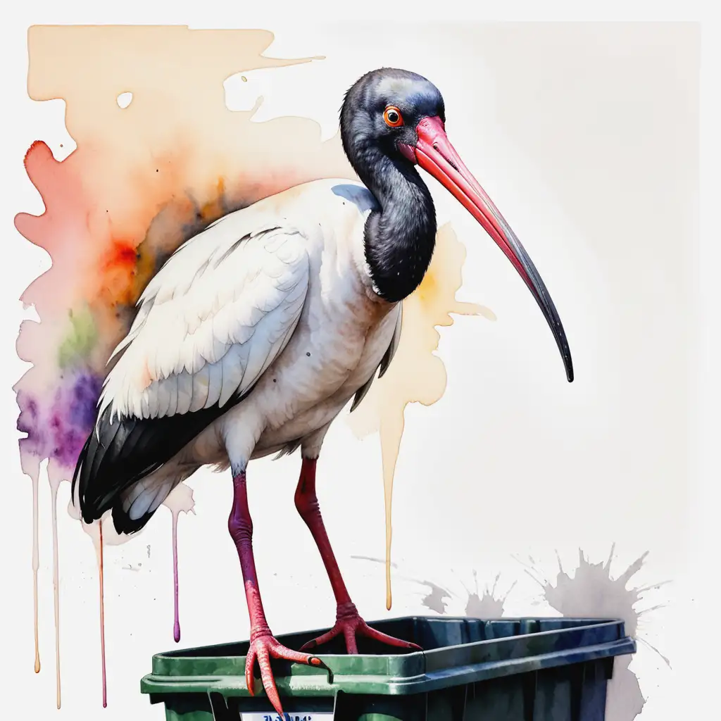 Vibrant Watercolor Ibis Bird Standing on a Bin