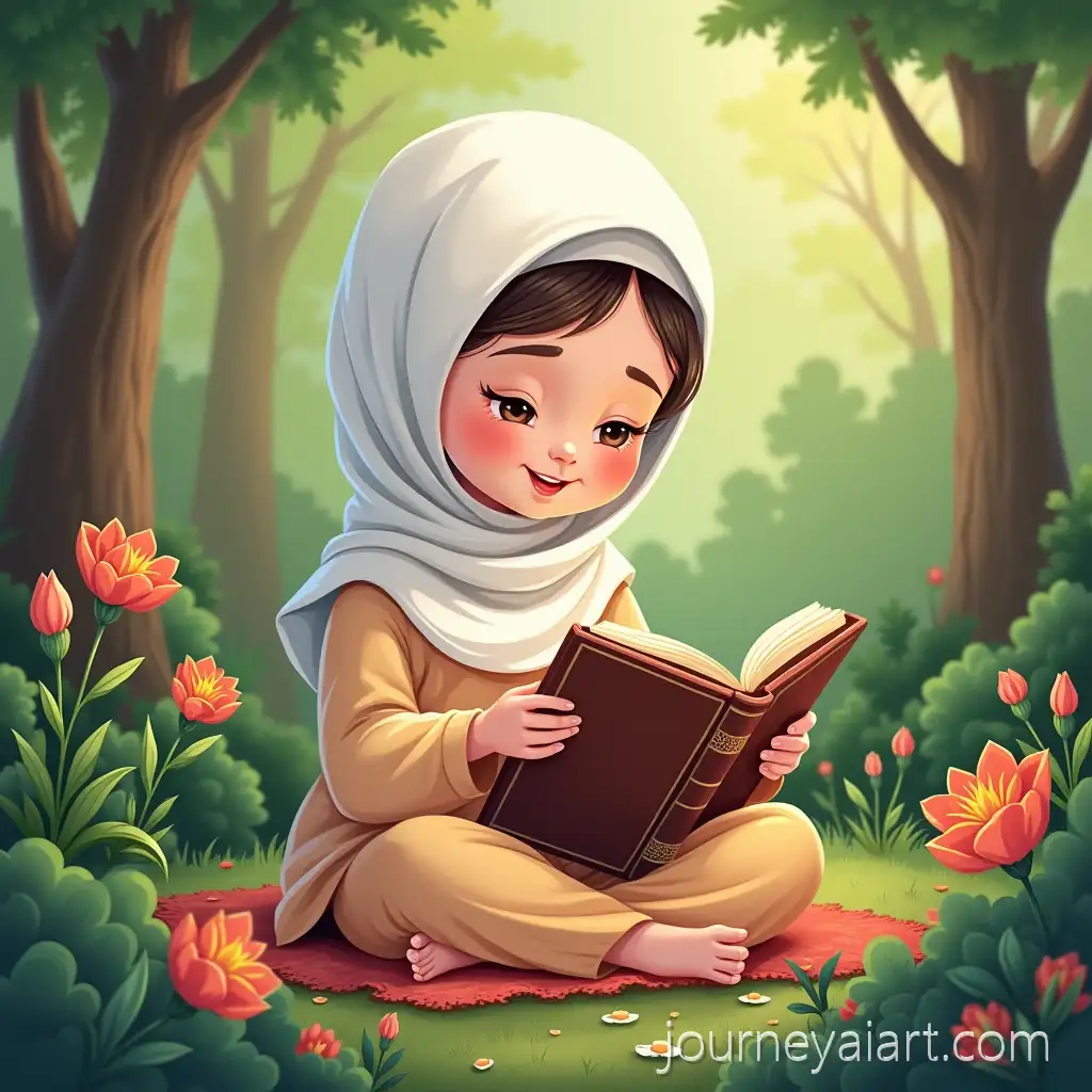 Islamic-Girl-Reading-Quran-in-a-Beautiful-Garden-Cartoon-Style