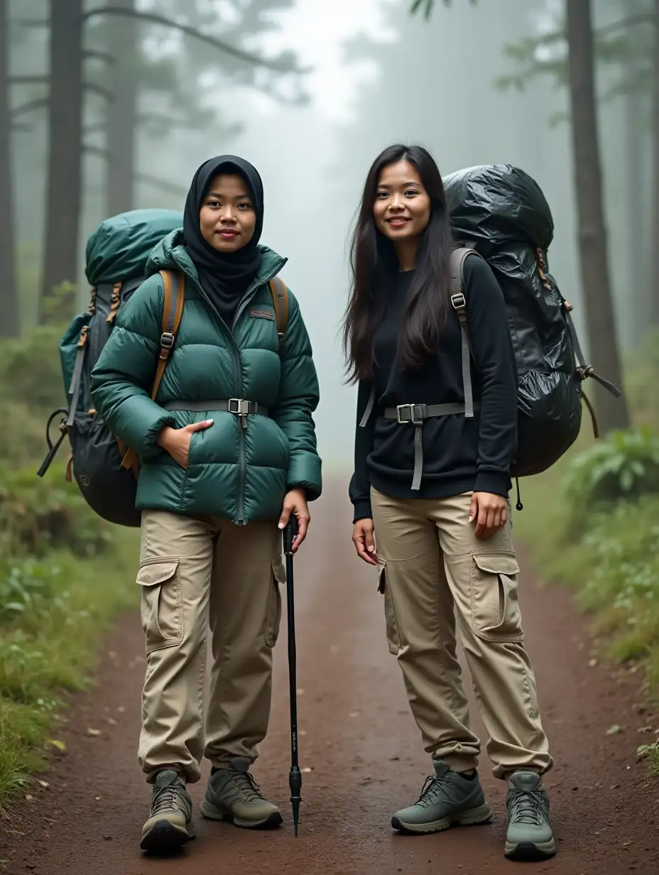 Two indonesian women in an outdoor setting, both ready for a hiking trip. One woman is wearing a black hijab, a green puffer jacket with white accents, and light beige cargo pants and mountain shoes, holding a trekking pole. The other woman with black long layered hair is dressed in a black shirt, beige cargo pants, hiking shoes. Both women are carrying large hiking backpacks, with one backpack wrapped in a black plastic bag. They are standing in a forest trail with misty weather, showcasing a spirit of adventure and outdoor exploration. The lighting is natural, and the overall mood of the image is relaxed and exploratory natural, authentic, and peaceful with earthy tones