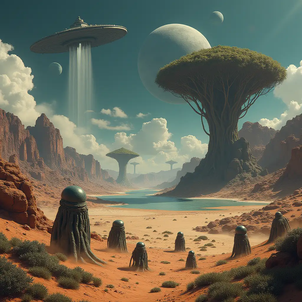 Many different alien creatures large on one of the desert,big mountains,plants,water,planets,black clouds,giant trees spaceship