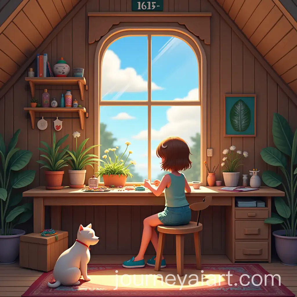 Cozy-Attic-Workspace-with-Girl-Crafting-Bracelets-and-Pets
