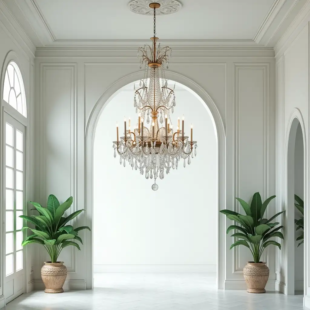 a magnificent crystal chandelier in a magnificent white room of Venetian style with green elements