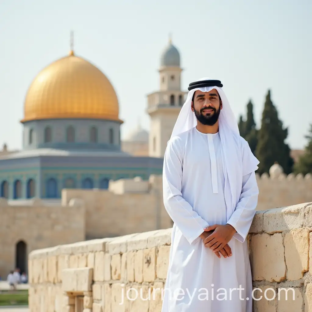Sheikh-in-White-Cloak-Standing-by-Dome-of-the-Rock-in-Palestine