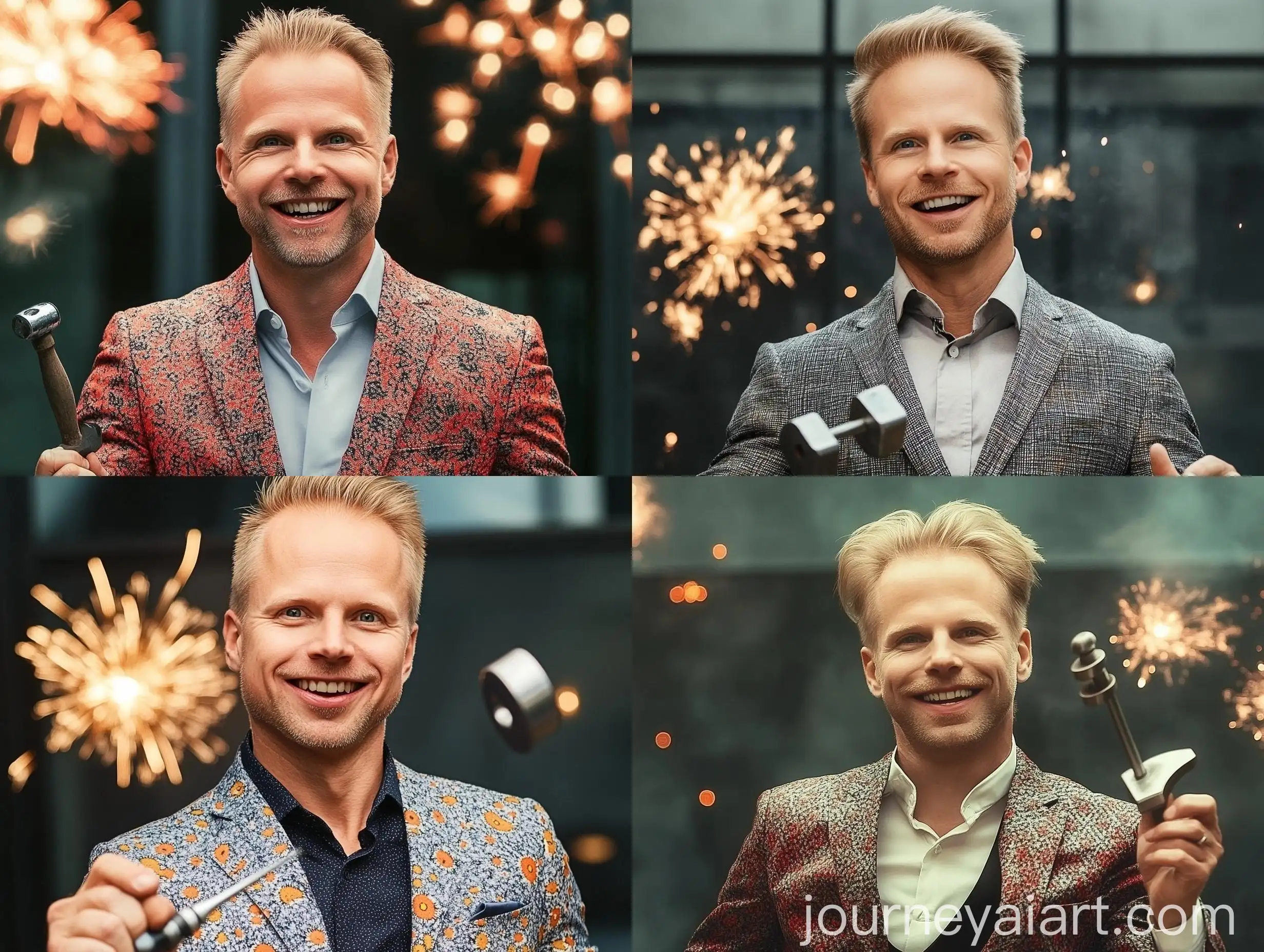 Blond-Man-Juggling-Tools-with-Fireworks-Background