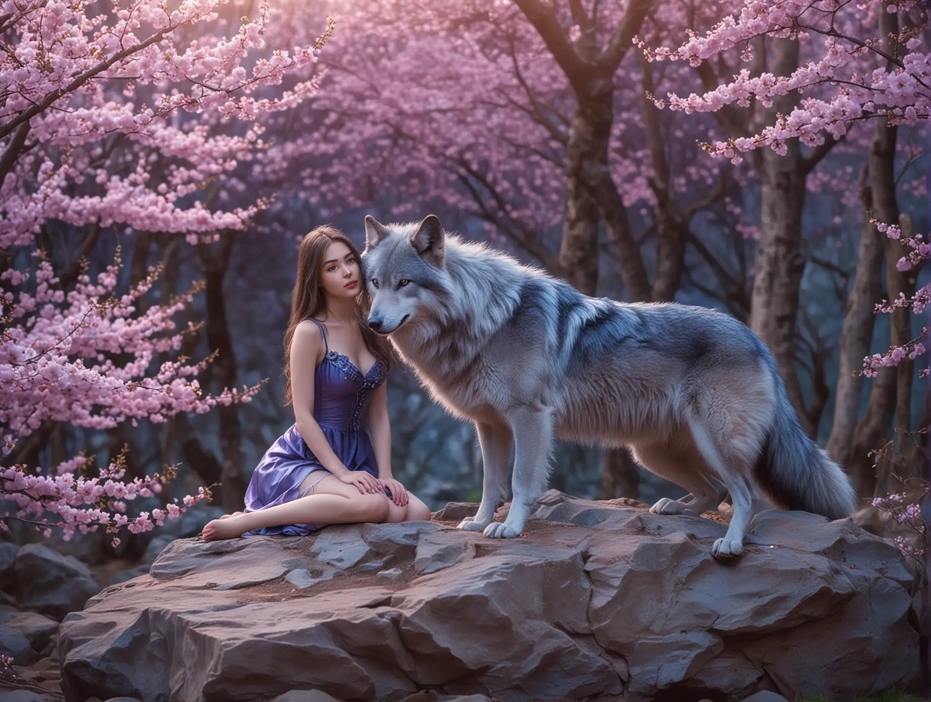 Beautiful-Girl-and-Big-Blue-Wolf-at-Dawn-in-a-Cherry-Blossom-Garden