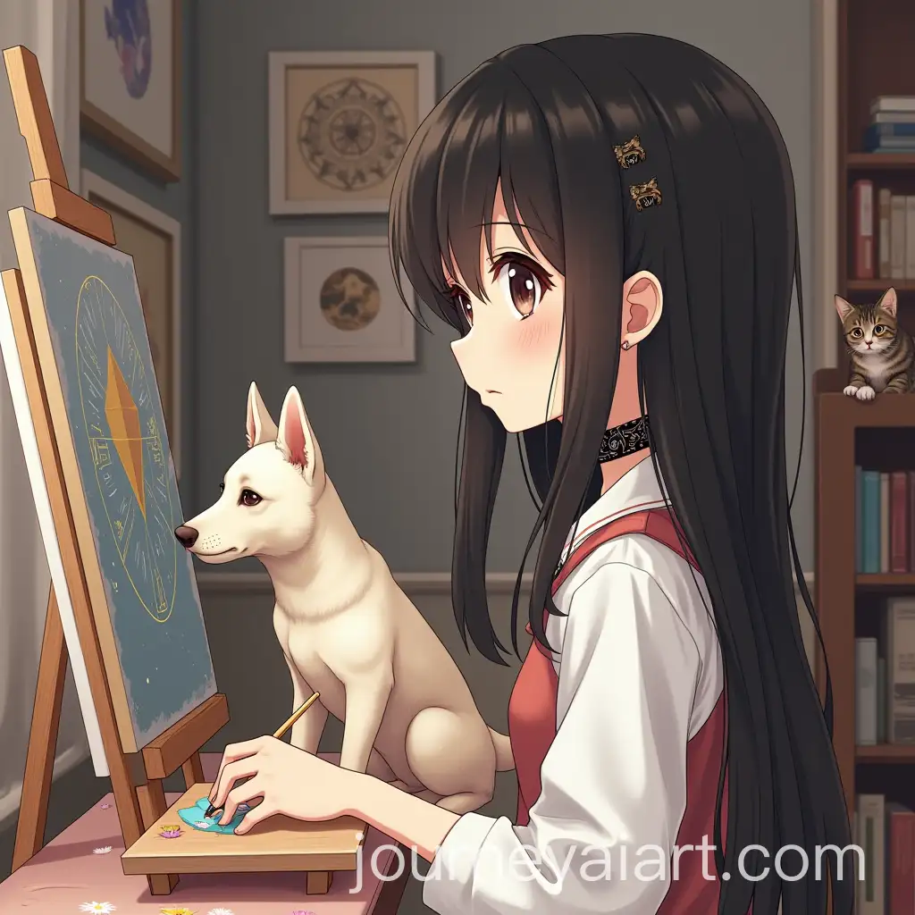 Anime-Style-Girl-Painting-German-Shepherd-with-Astrological-Theme-Paintings