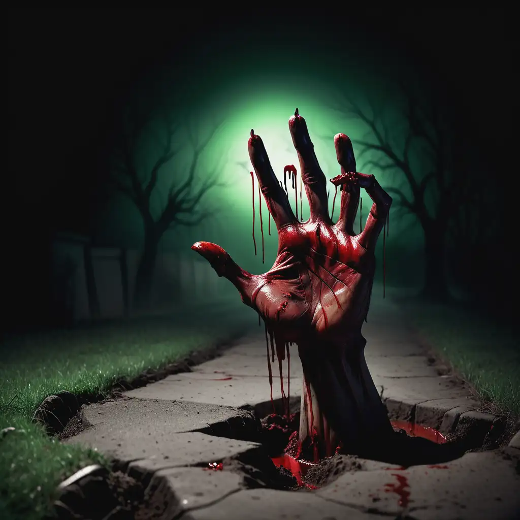 Creepy Halloween Scene with a Bloody Hand Emerging from the Ground