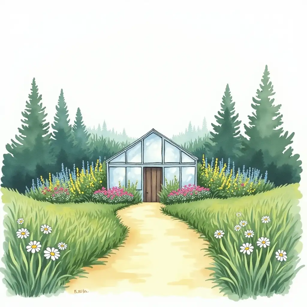 Serene-Greenhouse-Surrounded-by-Vibrant-Plants-and-Flowers-in-Watercolor