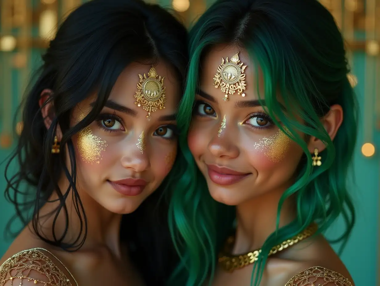 Two young black and white patternnGirls with Alien face,withngreen hair, with a slightnsmile on their faces,highlightingntheir smiles, modern retronjewelry,in a temple much Goldndifferent shades 4k