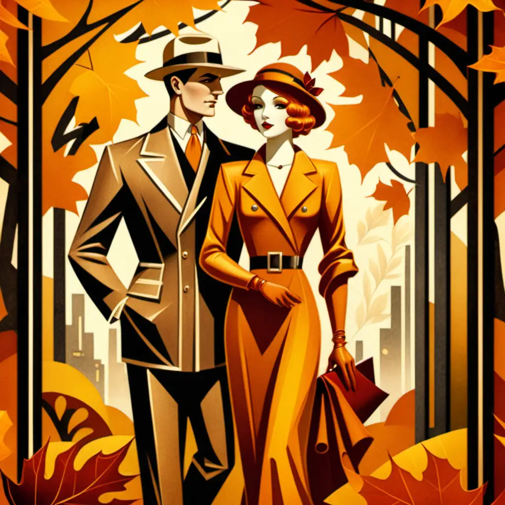 art deco lady and man in autumn