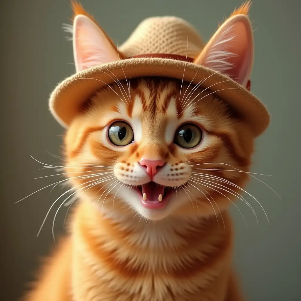 A ginger cute cat with a content smile, there's a hat on his head