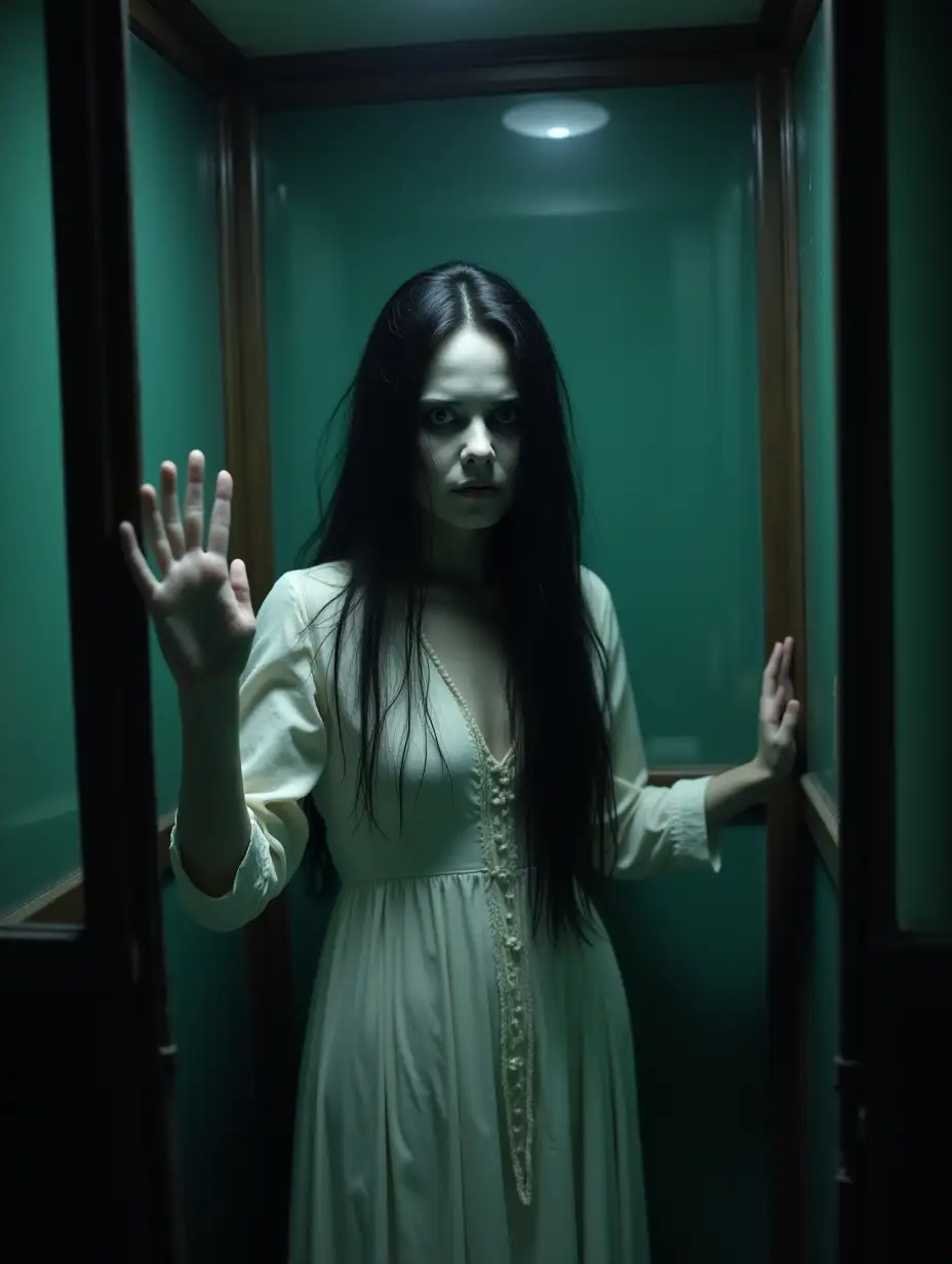 A terrifying image of a Indonesian female spirit trapped inside an old, abandoned hospital at midnight. The woman has long, disheveled black hair partially covering her pale, gaunt face. Her hollow eyes emit a faint, sorrowful glow. She wears a tattered traditional white dress from ancient times, standing motionless within the booth. Her translucent hand presses against the glass in a chilling and eerie manner.