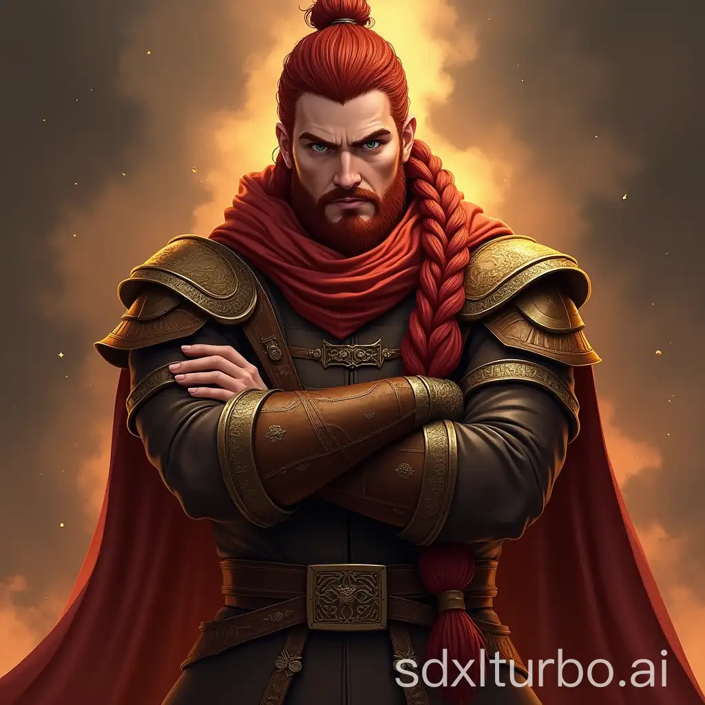 Create a male warrior character with braided red hair tied back into a complex knot. He should wear a dark brown leather coat adorned with intricate gold details, along with a wide, thick scarf in deep red and gold patterns wrapped around his neck. His outfit should feature gold embellishments and armor-like segments on his shoulders, giving a battle-hardened yet regal appearance. The character should stand with his arms crossed confidently, his expression serious and determined. The background should evoke a sense of intensity with warm, fiery hues and dynamic lighting, complementing the character's strong presence.