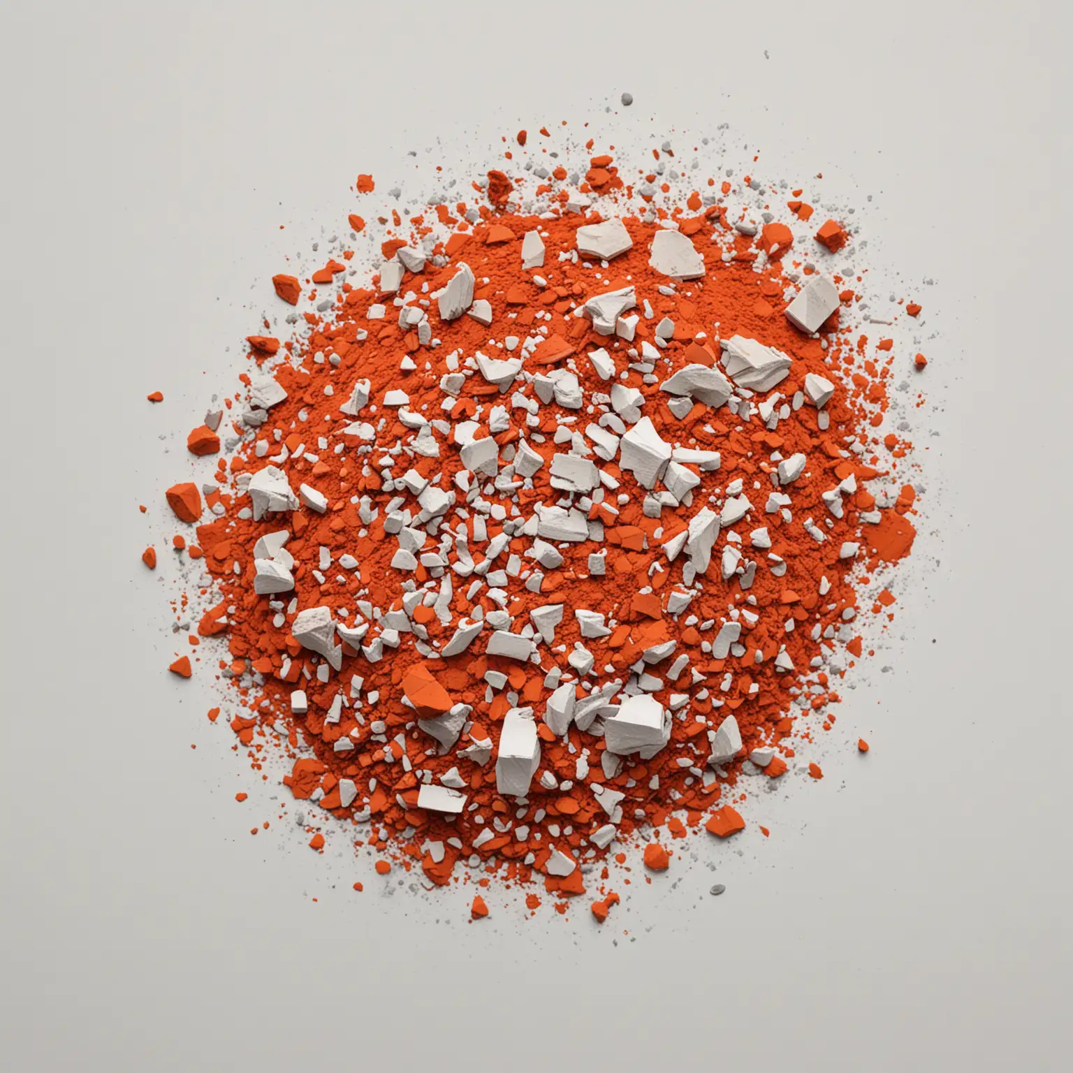 view strictly from above: bright orange red lead pigment. Large and small fragments. White background.