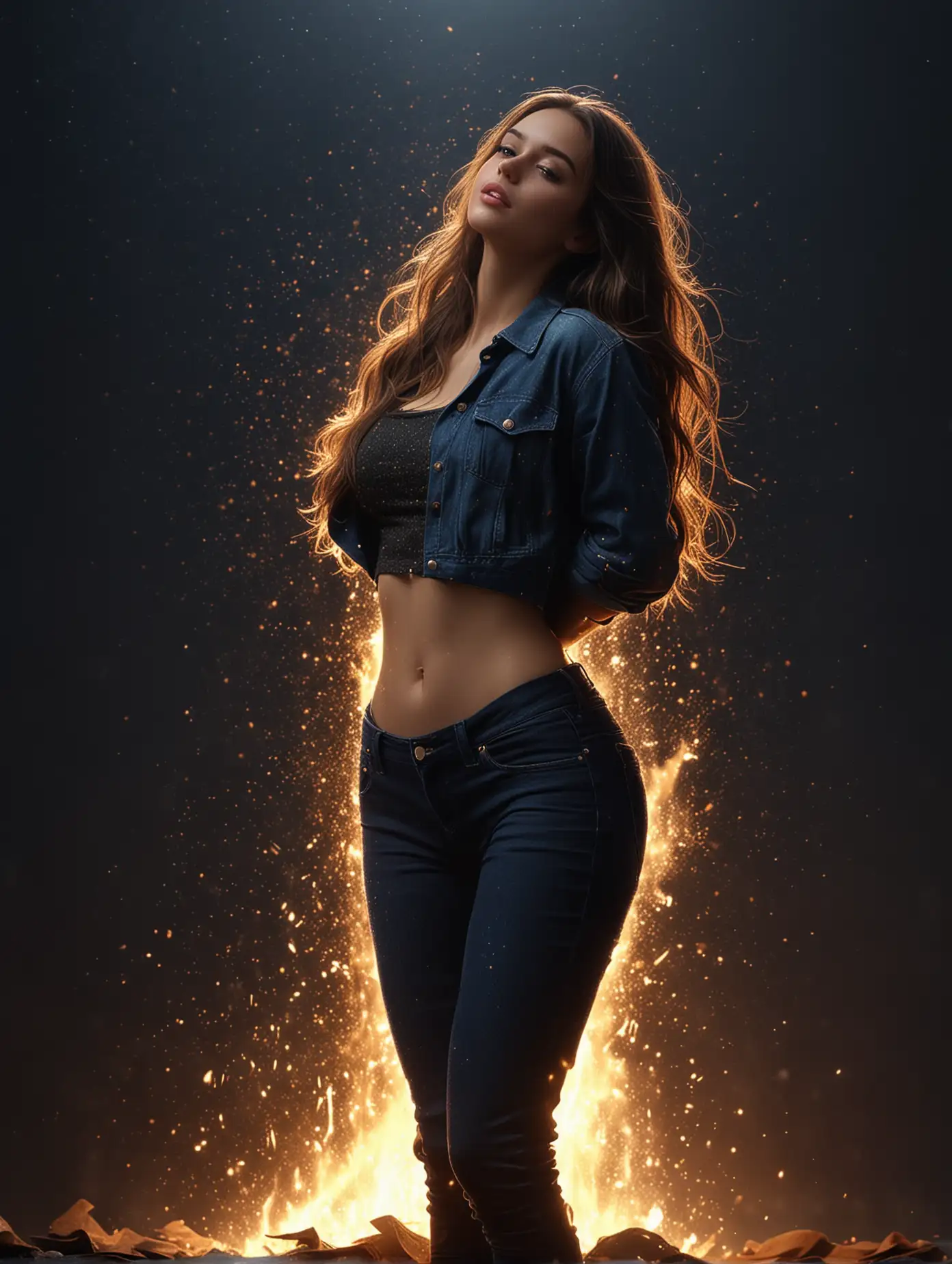 Woman-in-Black-Pants-Standing-in-Fire-with-Golden-Sparkling-Rain