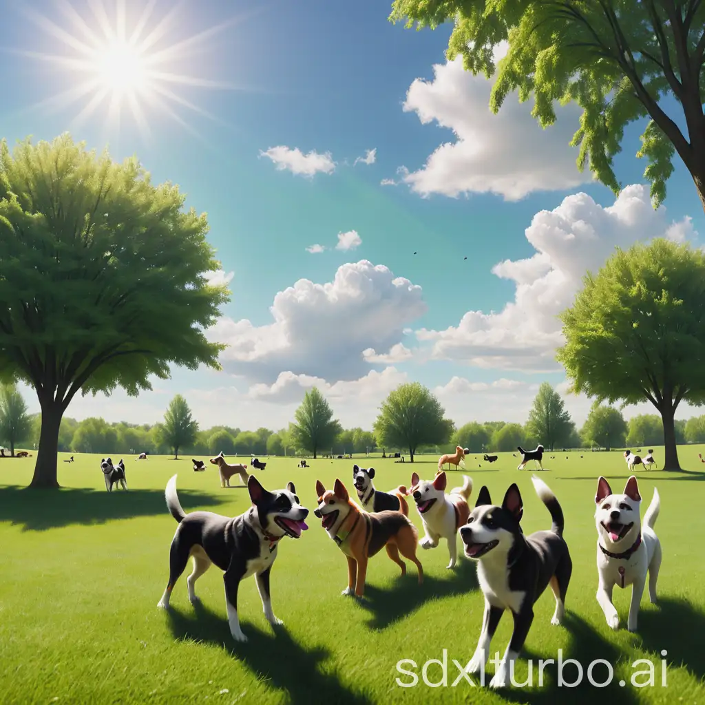 A sunny day, a green lawn, trees, clouds on the horizon, lots of rescued dogs playing happily.