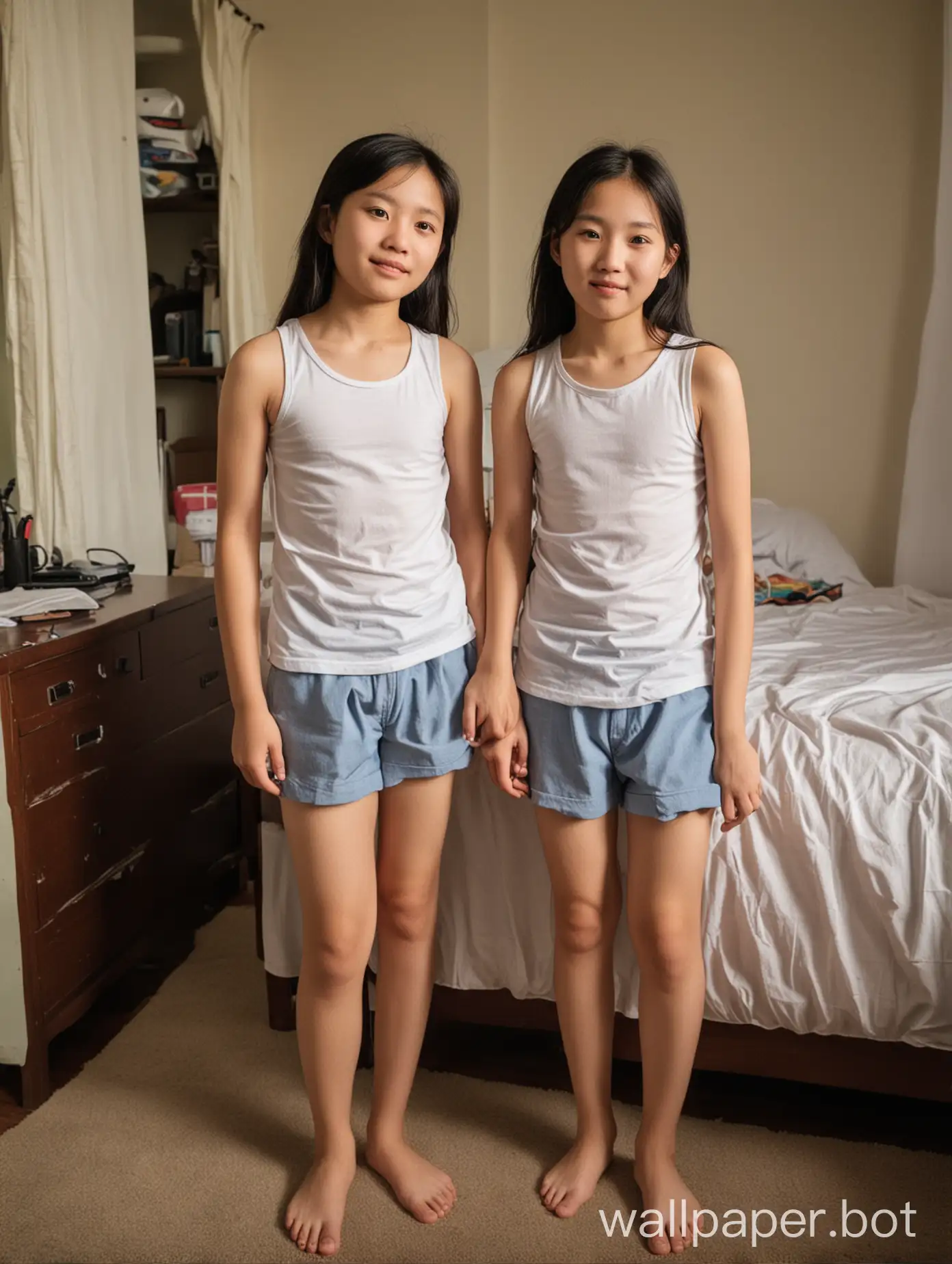 these 12-year-old and 14-year-old Taiwan sisters still haven't put on their shirts. They're casually playing in the room.
