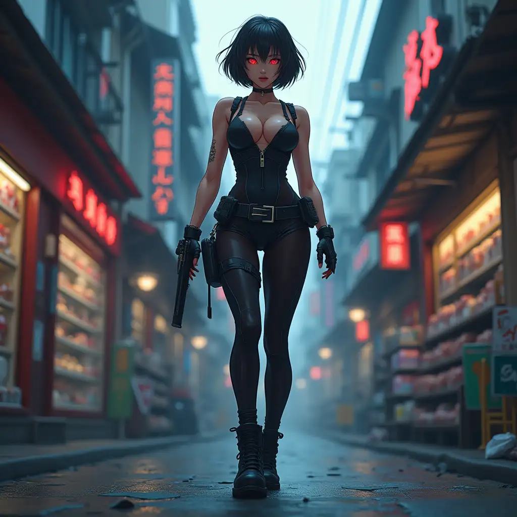 Short hair, mature Asian woman thief cyber runner in a dynamic full-length pose, eyes with red electronic pupils, large breast, extreme skintight body glove zipped down with cleavage, combat boots and combat belt. Full view of her body from boots up, low wide angle. Future store filled city alley street. Anime