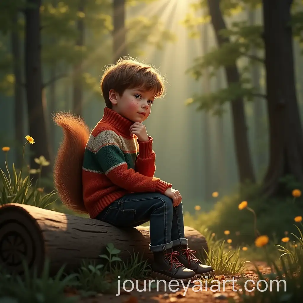 Thoughtful-Boy-in-Bavarian-Squirrel-Sweater-Sitting-in-Dense-Forest