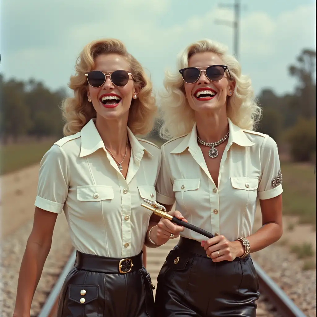 Rita Hayworth and marlyn monroe, wearing a white army shirt, laughing with her mouth open, red lipstick accentuating her smile, jewelry, aviator sunglasses, white skin, whip in hand, smoking cigarette, walking on rails, australia