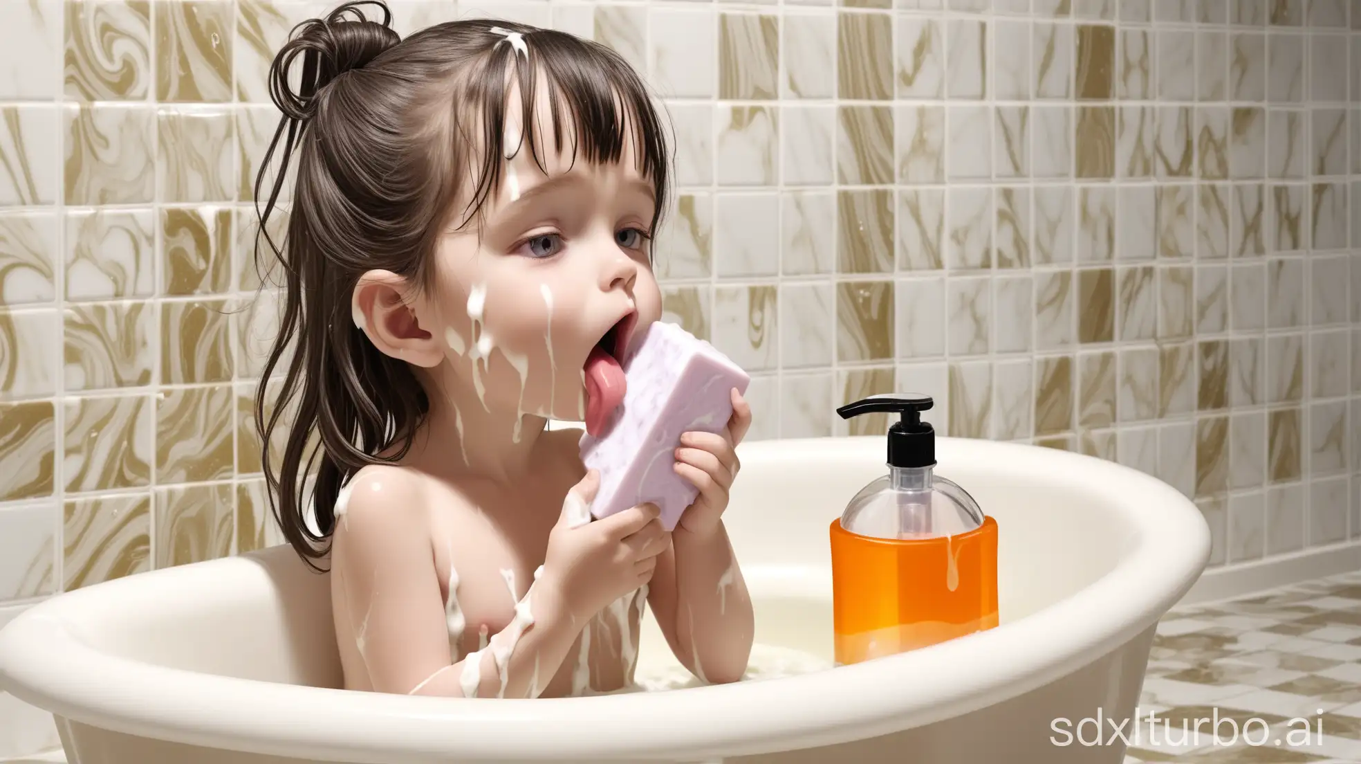 Little-Girl-Licking-Soap-While-Mother-Washes-Hair-in-Bathtub