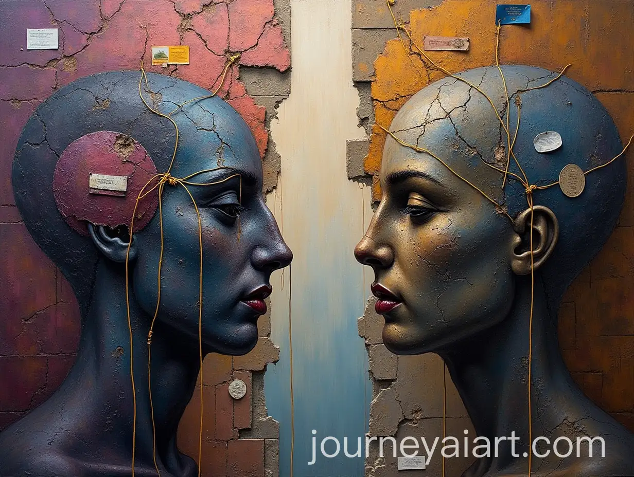Two-Figures-Connecting-Across-a-Broken-Wall-with-Golden-Thread-and-Discarded-Masks