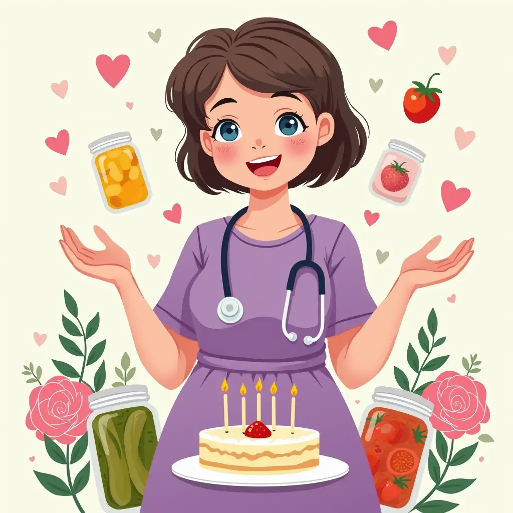 Birthday card.nDrawn in a vector.nMiddle-aged woman.nFull-figured.nVery short hairnAlmost male-likenDark brown hairnBlue eyesnShe is in a purple dress.nStands full height.nA stethoscope hangs around her necknTablets, jars of pickles and tomatoes are floating around her.nAdd pink flowers and a birthday cake.nJoy, happiness, love.